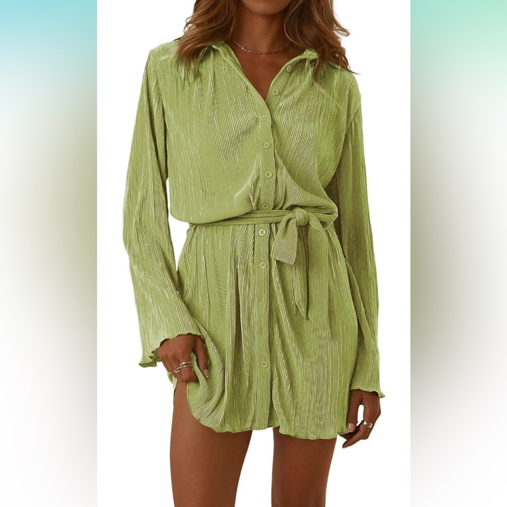 Women’s Collar V-Neck Button Down Pleated Long Sleeve Mini Shirt Dress with Belt
